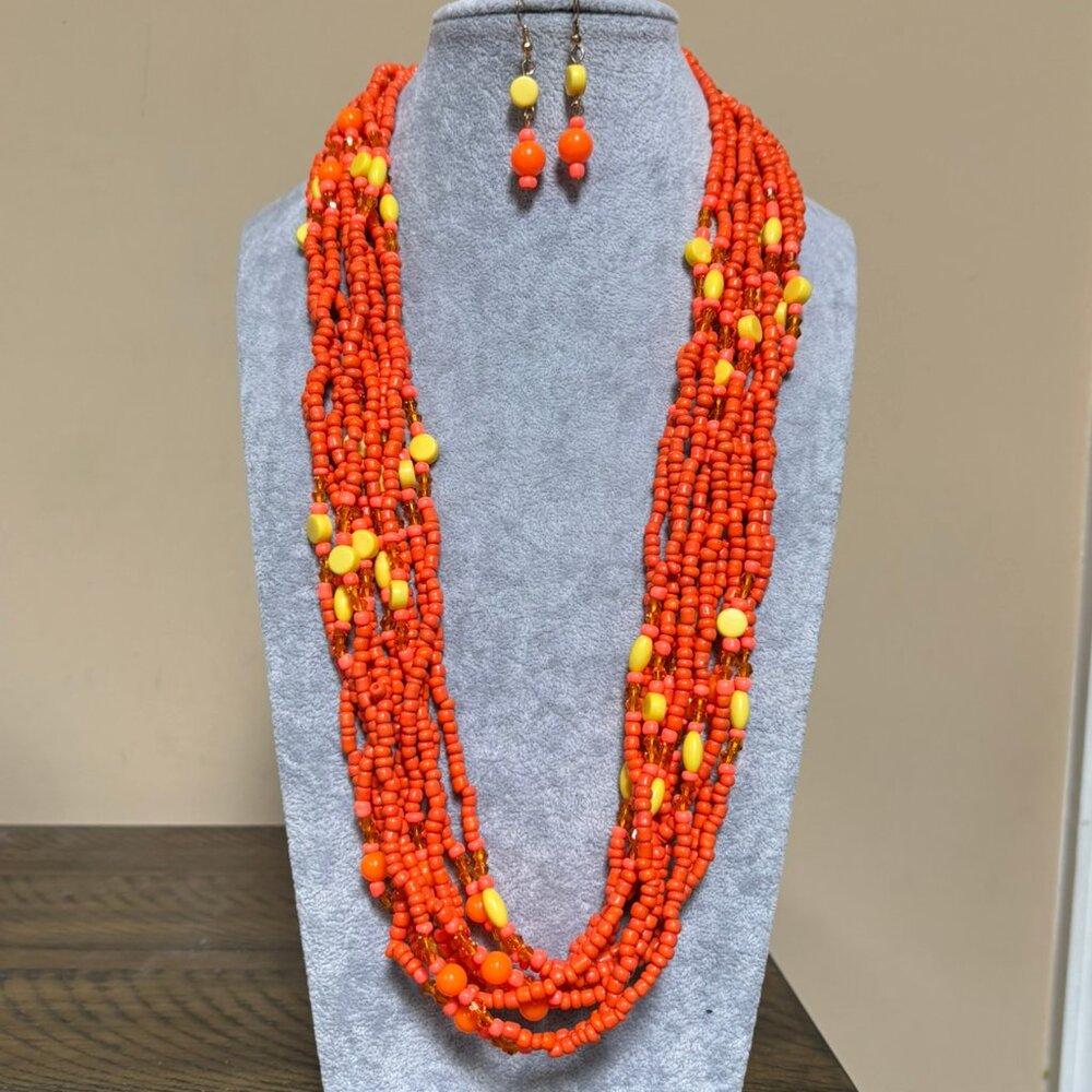 Multi Orange Five Long Strand Can Be wrapped for shorter look Necklace Earring